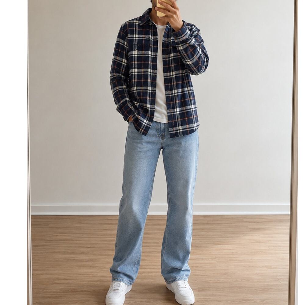 JACHS🌿Mens Plaid Flannel Button Front Shirt Medium Blue lumberjack White Cotton